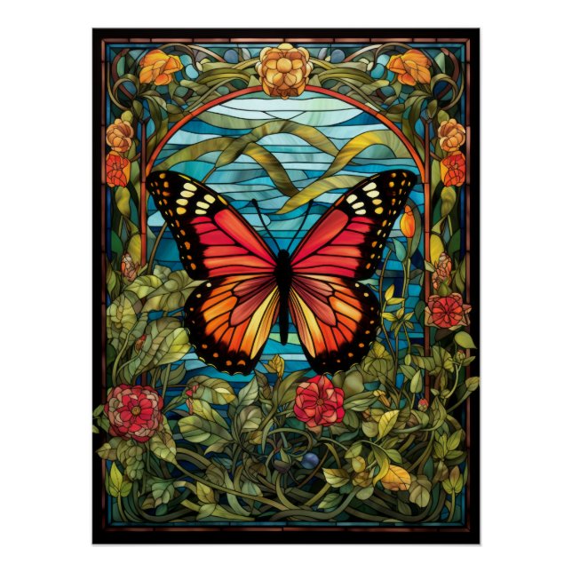 Póster Desenho de Janela de Vidro Pintado Borboleta Monar (Frente)
