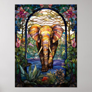 Poster Desenho de janela de vitral de elefante