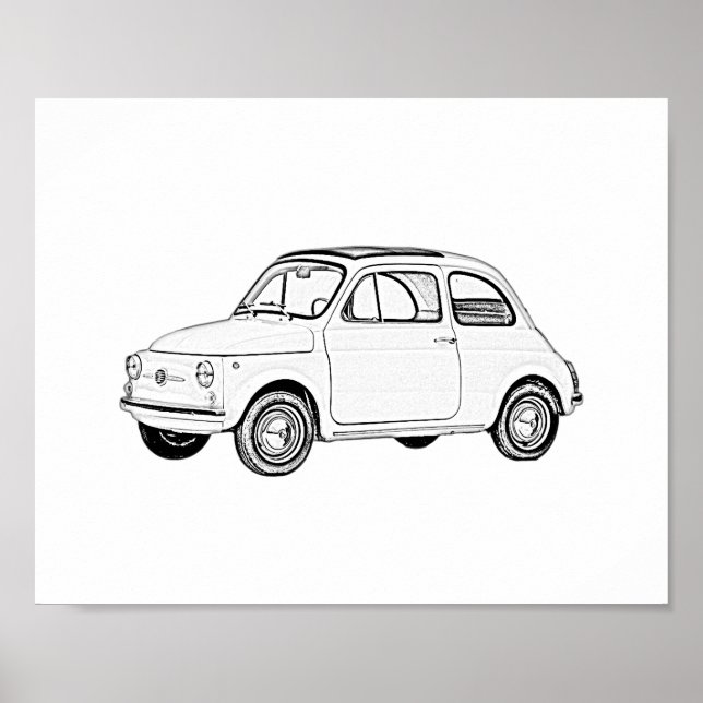 Póster Desenho de Lápis 500 Preto e Branco Clássico Fiat (Frente)