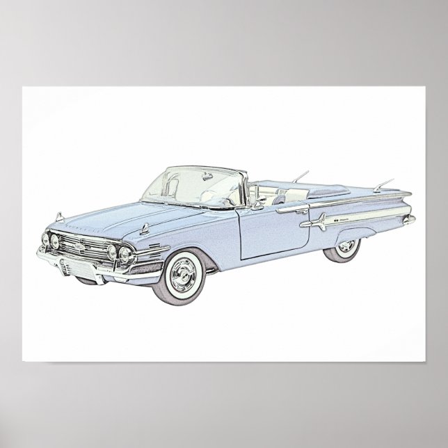 Póster Desenho de Lápis Convertíveis Chevy Impala Blue 19 (Frente)