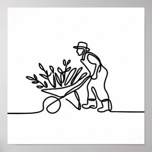 Poster desenho de linha de um agricultor ou jardineiro
