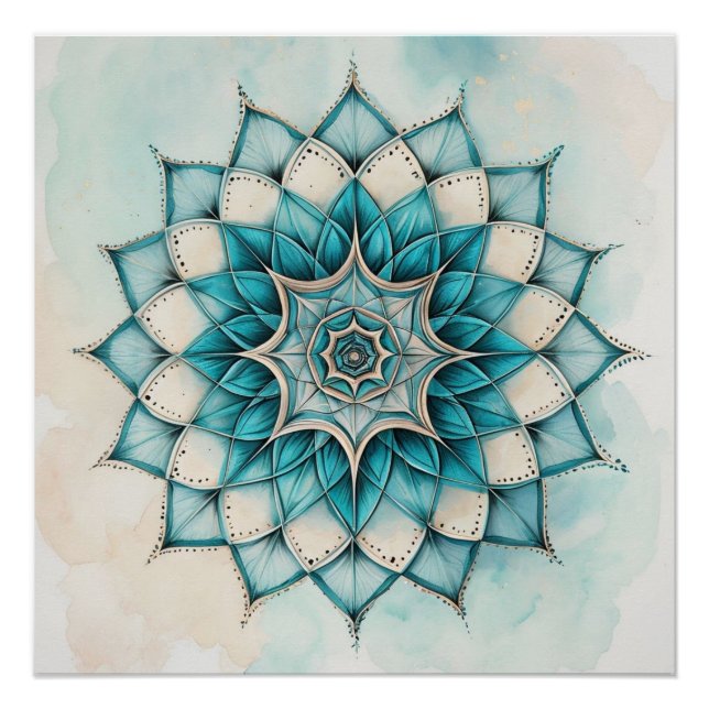Póster Desenho de Mandala Azul Claro (Frente)