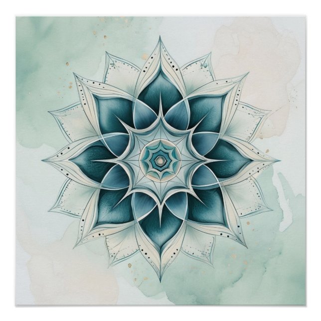 Póster Desenho de Mandala Azul Turquesa (Frente)