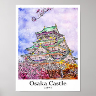 Poster Desenho de Mão de Água do Castelo de Osaka, Japão 
