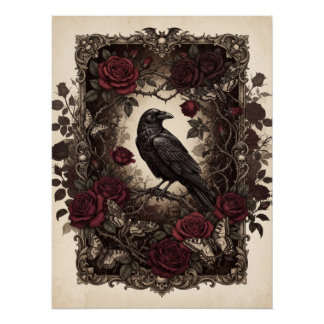 Póster Desenho de Moldura Vintage com Corvo Gótico e Rosa