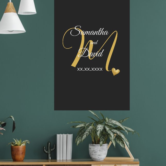 Poster Desenho de Monograma de Casamento com Nomes e Data (Sala de Estar 1)