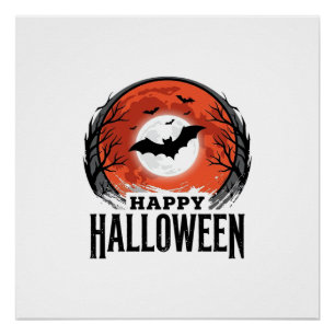 Póster Desenho de Morcego da Lua de Halloween Vintage_1