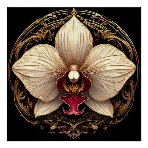 Póster Desenho de Orquídea Dourada Elegante