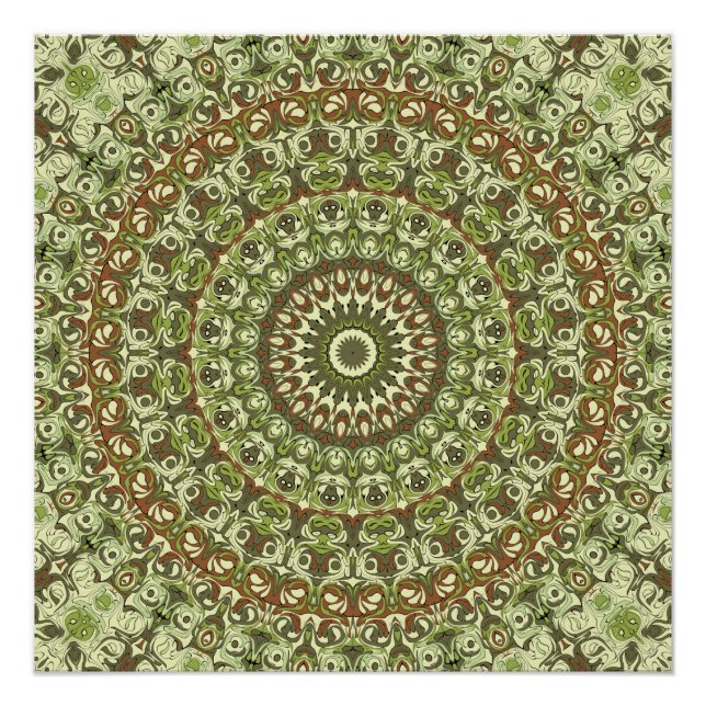 Póster Desenho de Padrão de Mandala Verde Terroso e Marro (Frente)