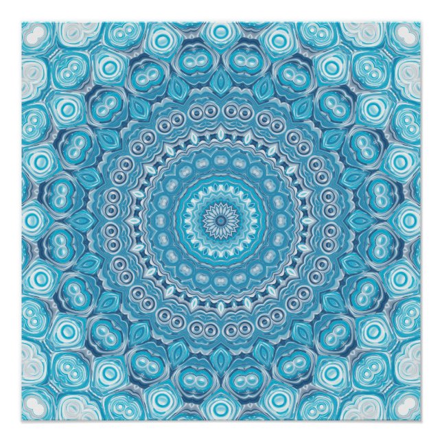 Póster Desenho de Padrão Mandala Azul e Branco (Frente)