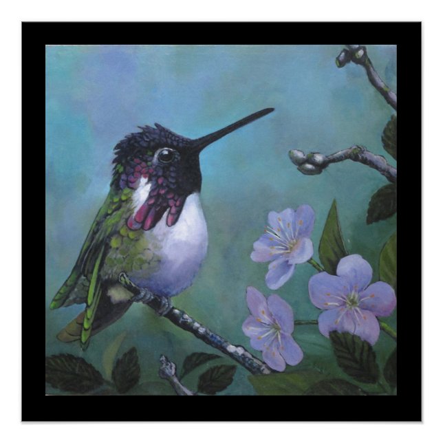 Póster Desenho de parede de beija-flor fofo ramo de flore (Frente)