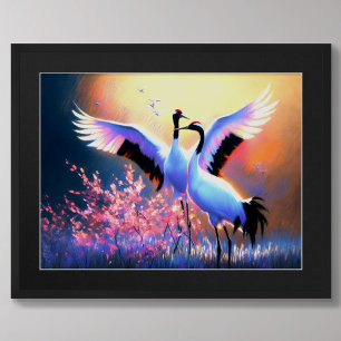 Poster Desenho de Pastel de Par de Gruas-de-Coroa-Vermelh