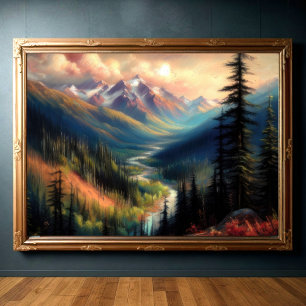 Poster Desenho de Pastel duro da Paisagem de Montanha