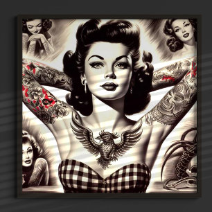 Poster Desenho de Pin-up Preto e Branco da Vintage