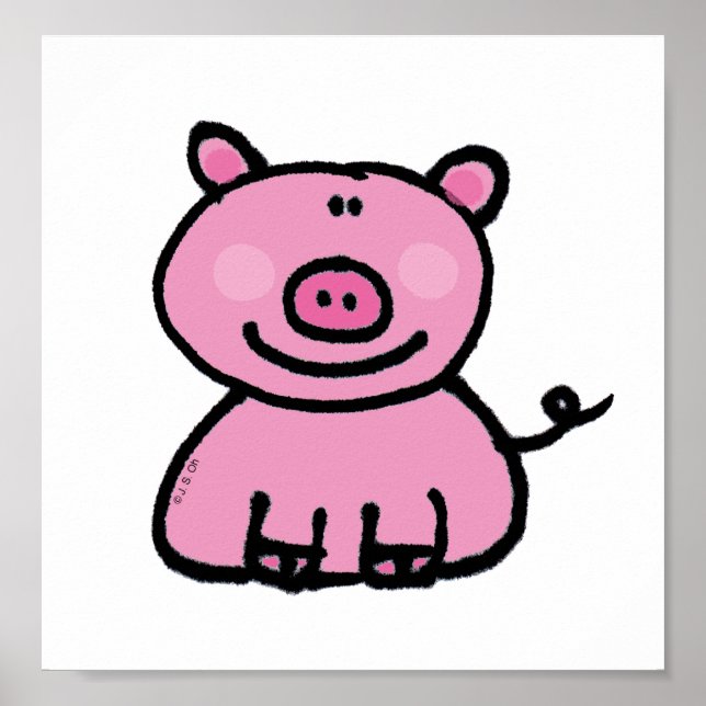 Póster Desenho de Porco Rosa Fofo (Frente)