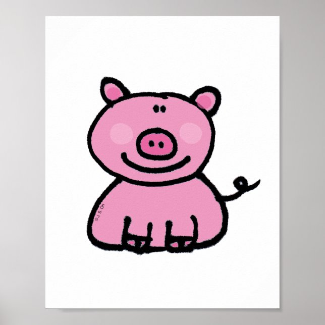 Póster Desenho de Porco Rosa Fofo (Frente)
