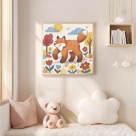 Poster Desenho de Raposa Fofa com Lápis de Cera Criança