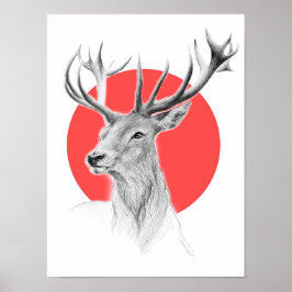Póster Desenho de retrato de veado Círculo vermelho Arte