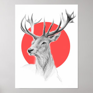 Póster Desenho de retrato de veado Círculo vermelho Arte
