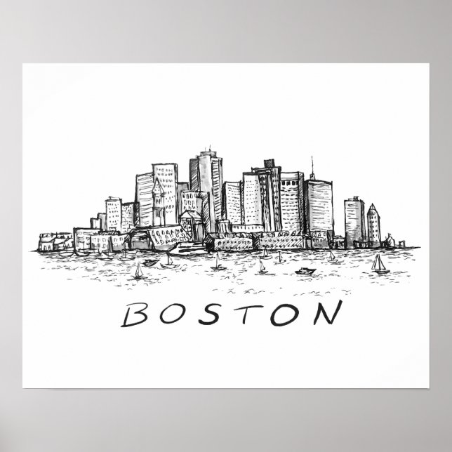 Poster Desenho de Tinta da Cidade de Boston (Frente)
