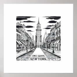 Poster desenho de tinta digital de época da rua quadrada