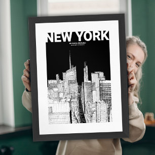 Poster Desenho de Viagem do Skyline NYC preto e branco mi