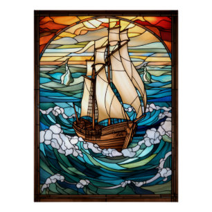 Póster Desenho de vitral de navio alto