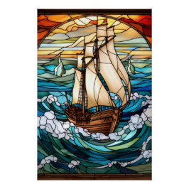 Póster Desenho de Vitral de Navio Alto