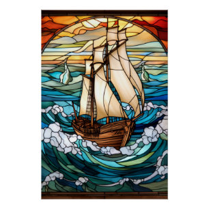 Póster Desenho de Vitral de Navio Alto