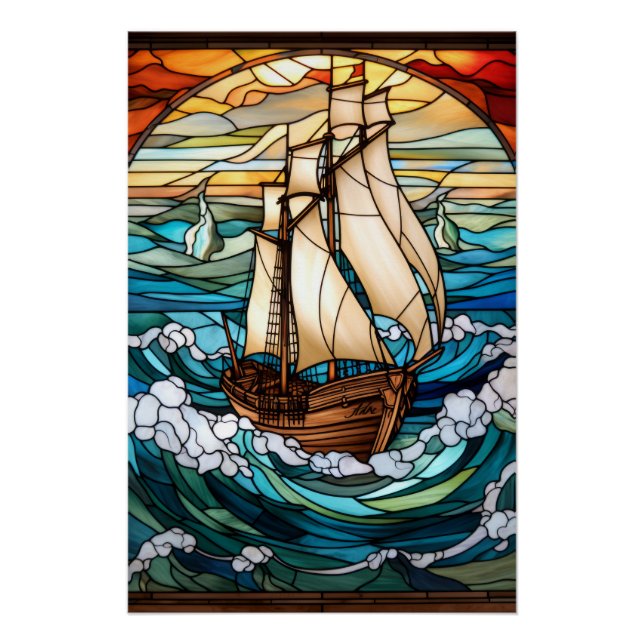 Póster Desenho de Vitral de Navio Alto (Frente)