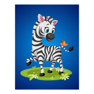 Póster Desenho de Zebra Bebê Brincando com Borboleta
