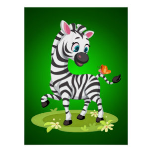 Póster Desenho de Zebra Bebê Brincando com Borboleta