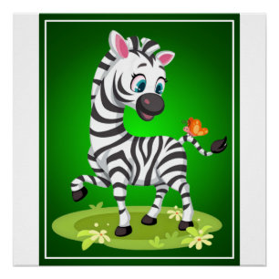 Póster Desenho de Zebra Bebê Brincando com Borboleta