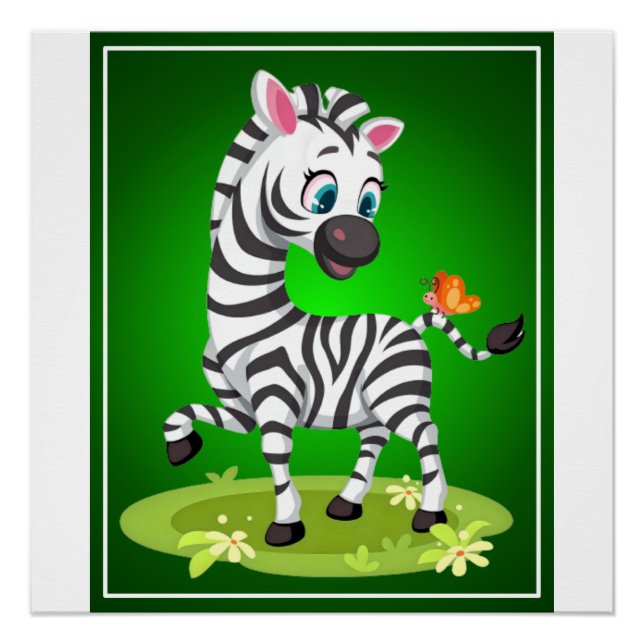 Póster Desenho de Zebra Bebê Brincando com Borboleta (Frente)