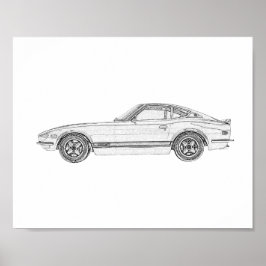 Póster Desenho do Nissan S30, preto e branco, Datsun 240Z