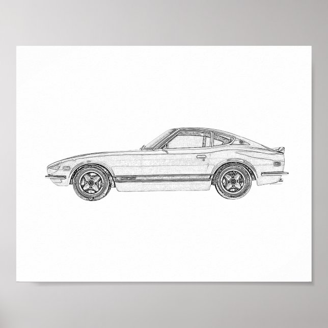 Póster Desenho do Nissan S30, preto e branco, Datsun 240Z (Frente)