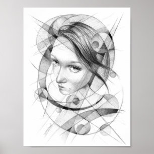 Poster Desenho do retrato da menina com círculos e linha