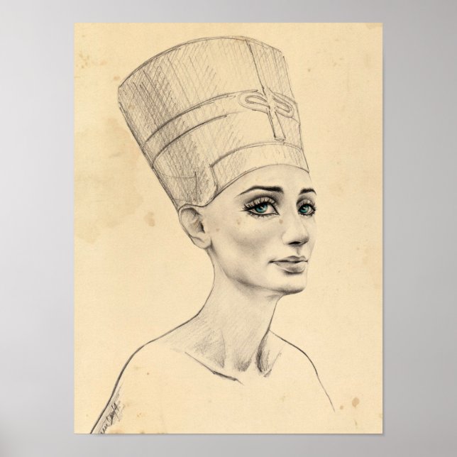 Póster desenho do retrato de Nefertiti no papiro do Antig (Frente)