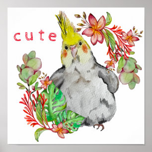 Poster Desenho em aquarela de um papagaio engraçado em fl