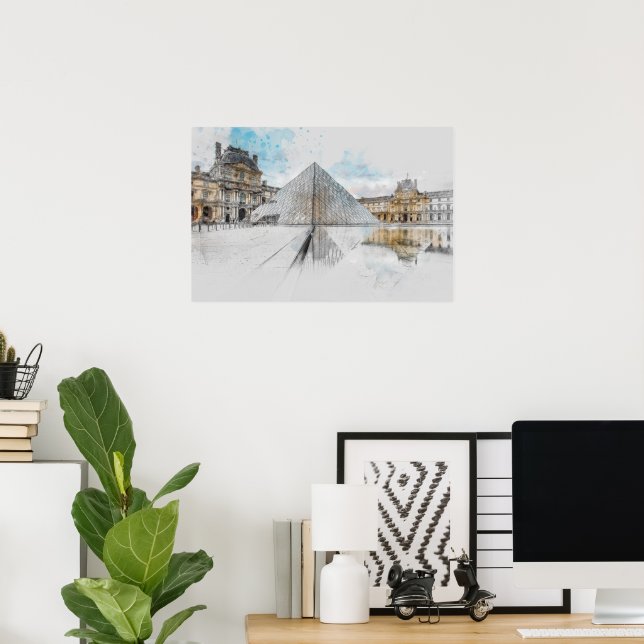 Poster Desenho em aquarela do Louvre Paris, França (Escritório em casa)