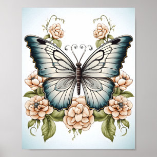 Poster Desenho Em Linha Preta E Branca De Uma Borboleta