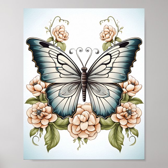 Poster Desenho Em Linha Preta E Branca De Uma Borboleta (Frente)