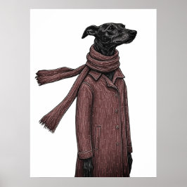 Poster Desenho Estilizado de Galgo com Casaco Vintage