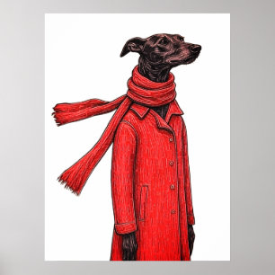 Poster Desenho Estilizado de Galgo com Casaco Vintage Ver
