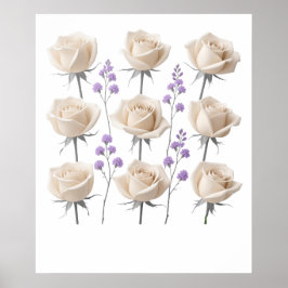 Poster Desenho Floral de Rosa de Creme Minimalista