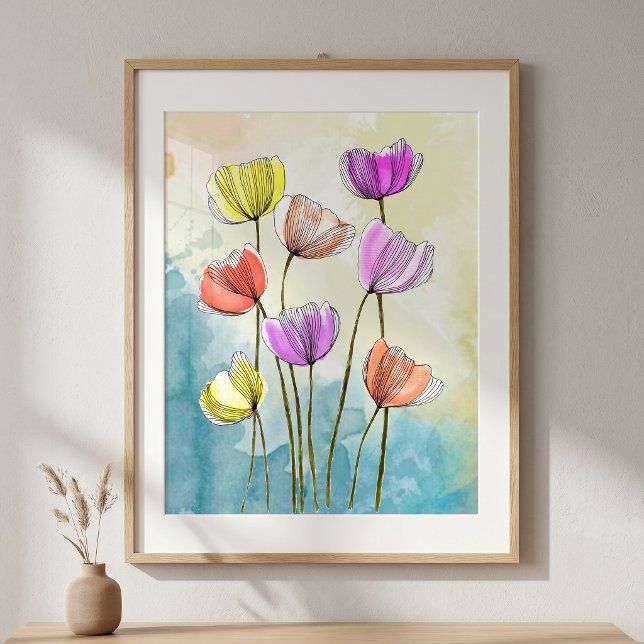Poster Desenho Floral Vibrante em Aquarela com Linhas Fin (Criador carregado)