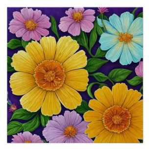 Póster Desenho Floral Vibrante em Fundo Roxo