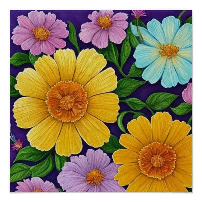 Póster Desenho Floral Vibrante em Fundo Roxo (Frente)