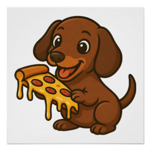 Póster Desenho fofo de dachshund amante de pizza pizza ca