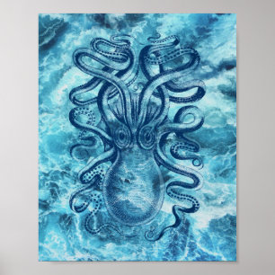 Poster Desenho Gráfico de Ondas e Octopus do Mar Azul